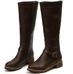 Women's Knee-High Buckle-Strap Block-Heel Leather Boots