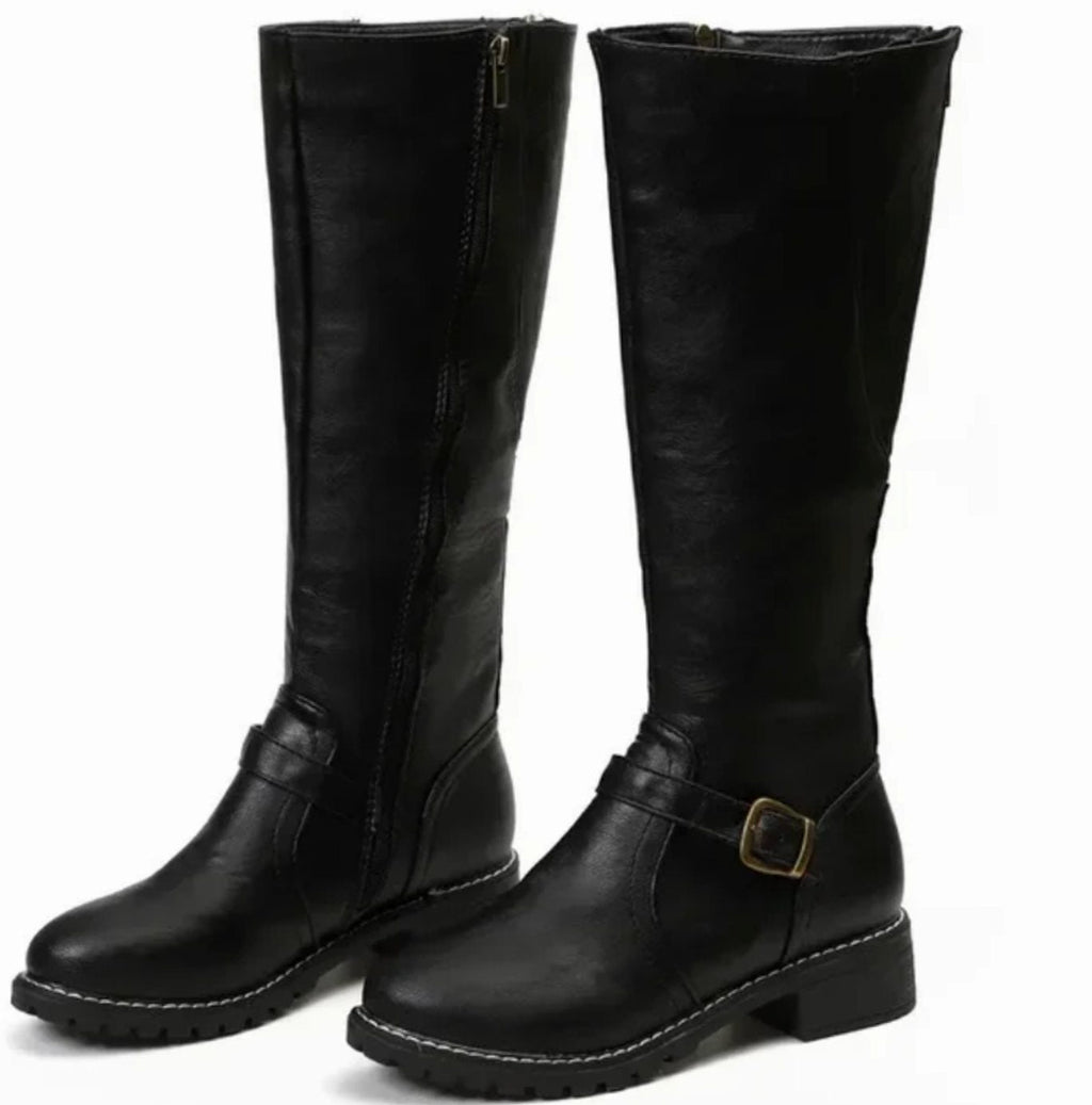 Women's Knee-High Buckle-Strap Block-Heel Leather Boots