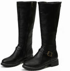 Women's Knee-High Buckle-Strap Block-Heel Leather Boots