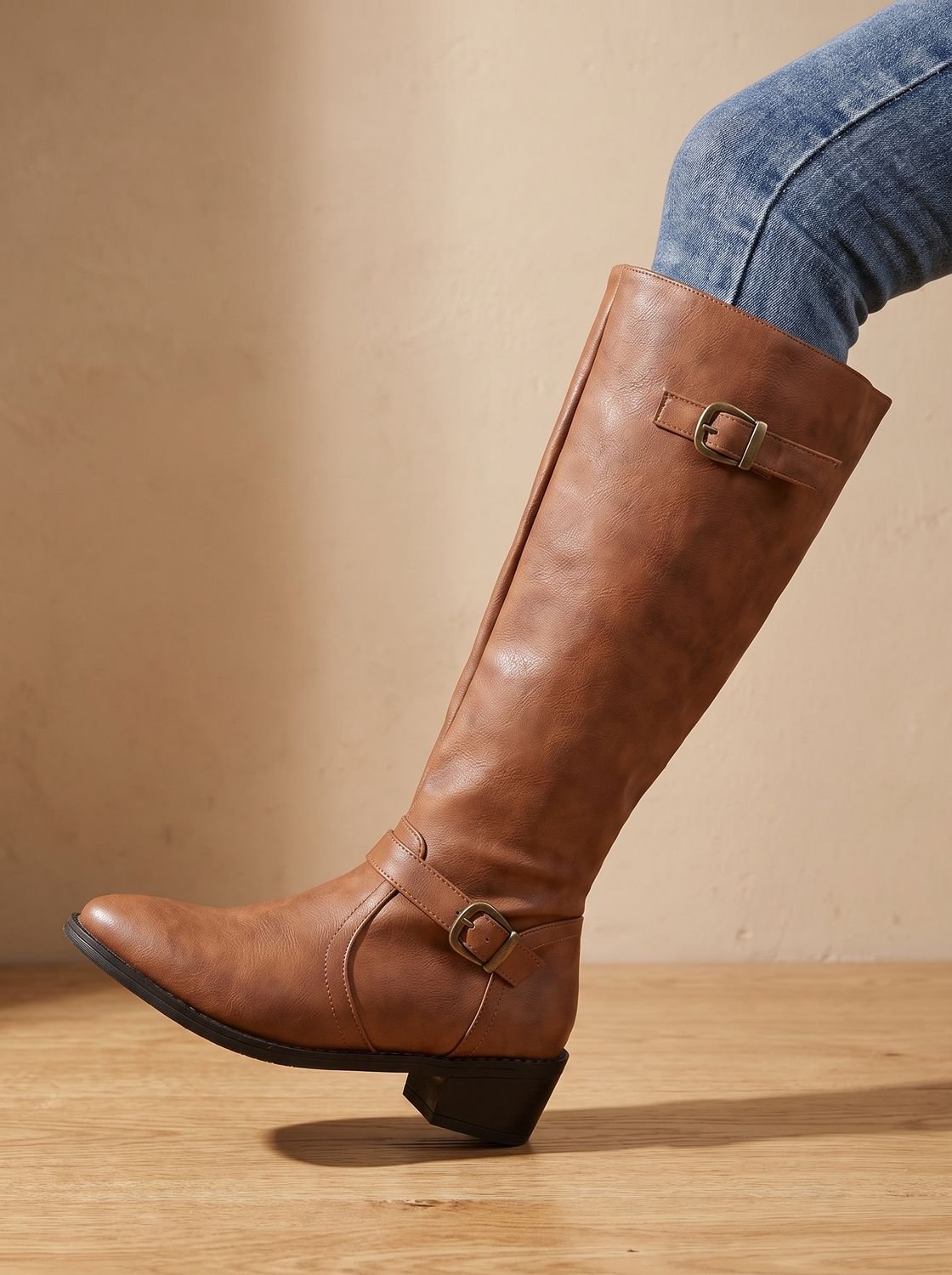 Women's Equestrian Tall Riding Boots with Cushioned Footbed - Light Brown