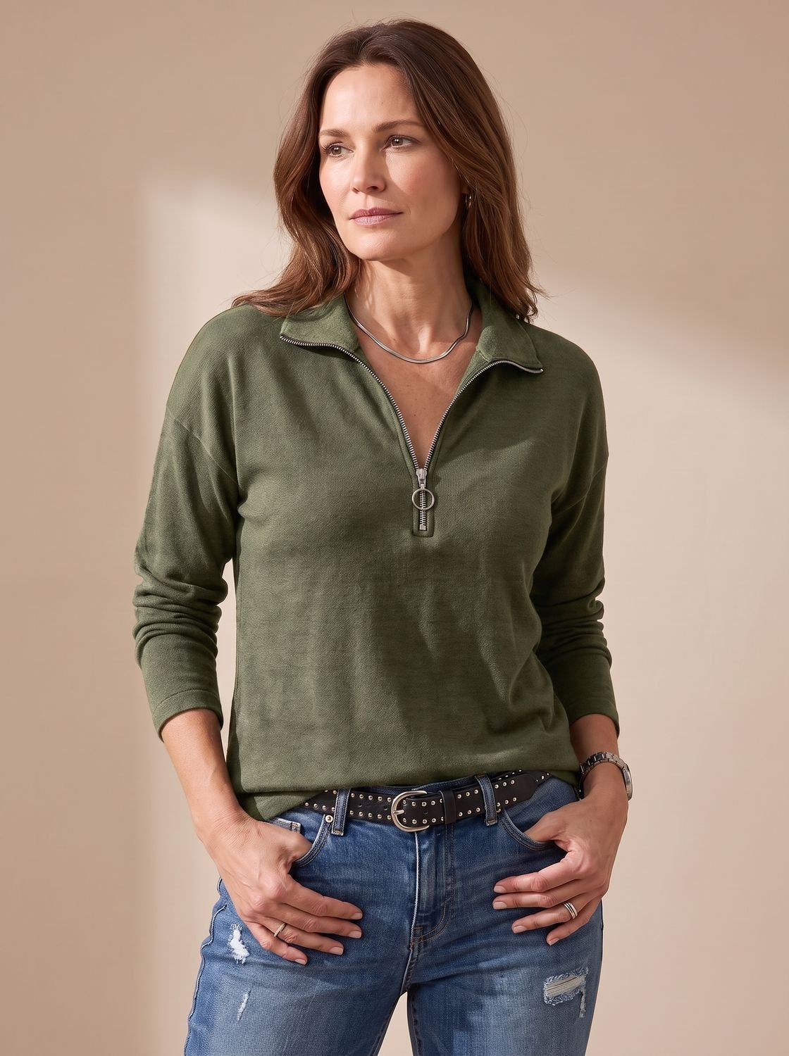 Women's Knit Pullover Half-Zip Lapel Collar Sweater