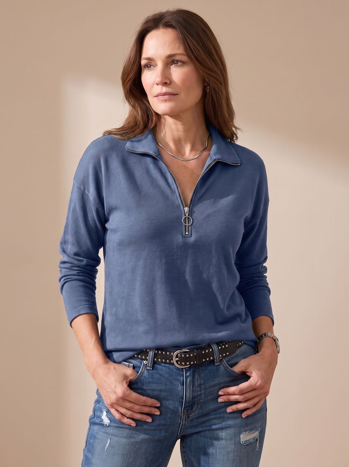 Women's Knit Pullover Half-Zip Lapel Collar Sweater