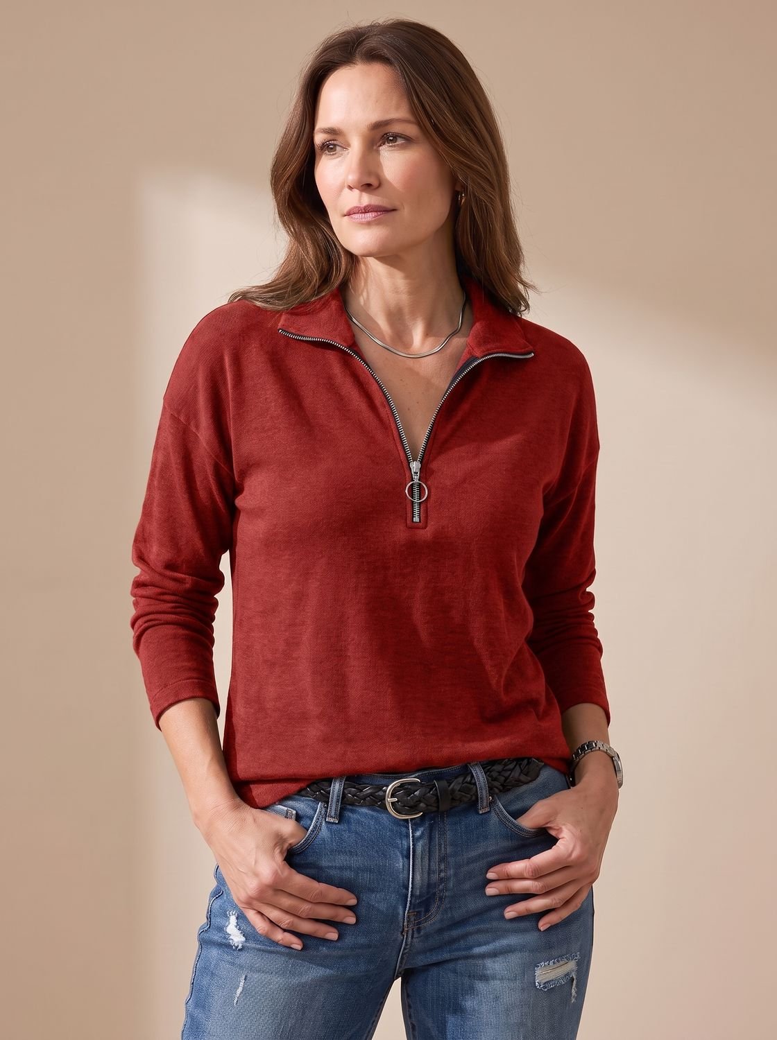 Women's Knit Pullover Half-Zip Lapel Collar Sweater
