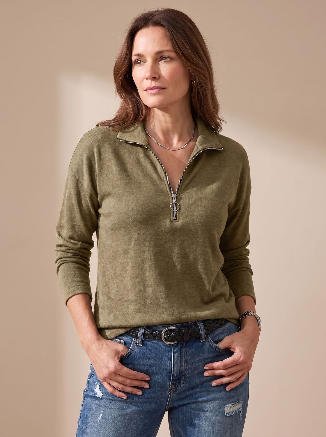 Women's Knit Pullover Half-Zip Lapel Collar Sweater