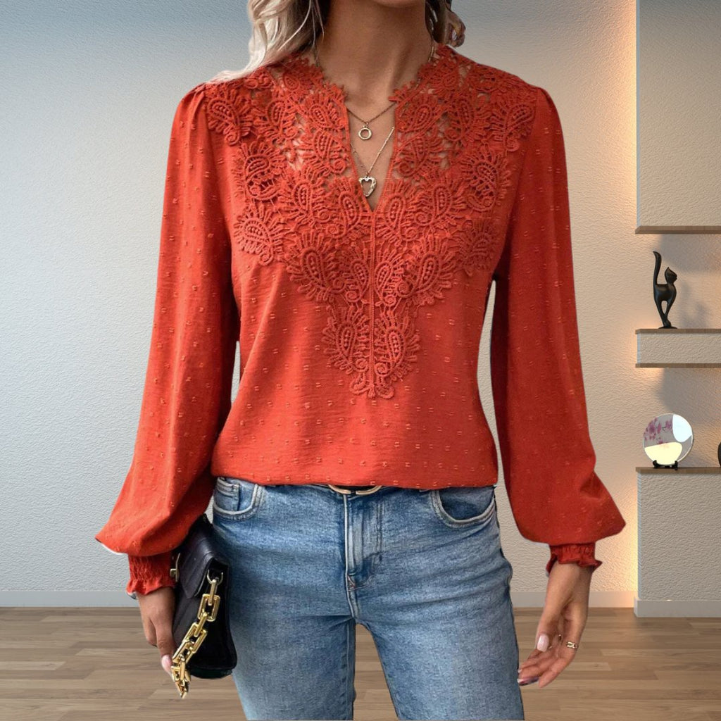 Women's Lace-Bodice V-Neck Smocked-Cuff Long-Sleeve Blouse