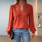 Women's Lace-Bodice V-Neck Smocked-Cuff Long-Sleeve Blouse