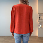 Women's Lace-Bodice V-Neck Smocked-Cuff Long-Sleeve Blouse