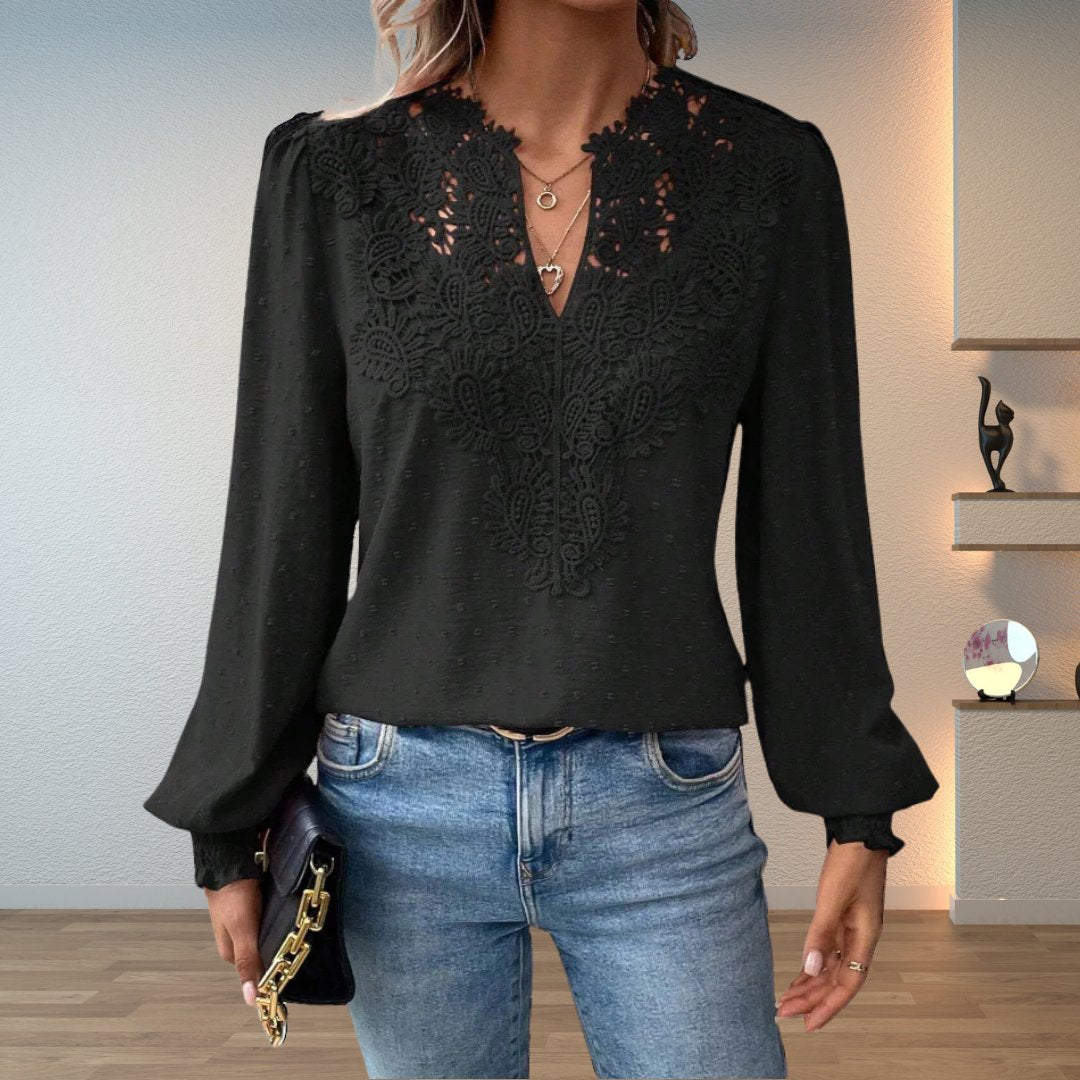 Women's Lace-Bodice V-Neck Smocked-Cuff Long-Sleeve Blouse