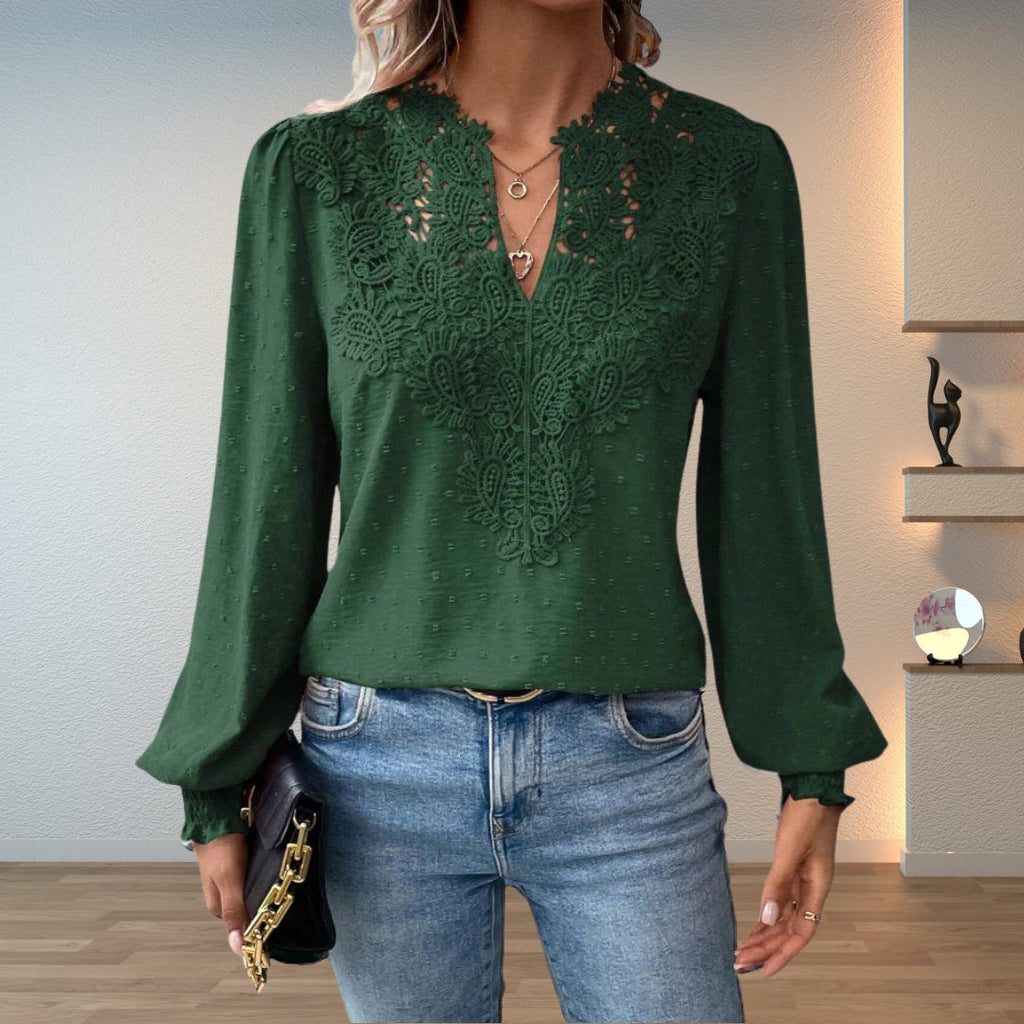 Women's Lace-Bodice V-Neck Smocked-Cuff Long-Sleeve Blouse
