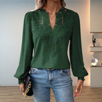 Women's Lace-Bodice V-Neck Smocked-Cuff Long-Sleeve Blouse