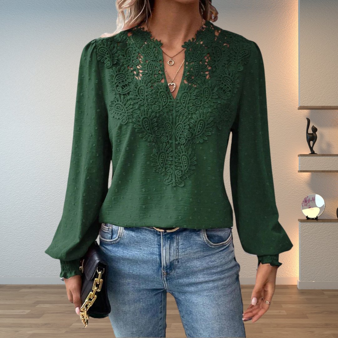 Women's Lace-Bodice V-Neck Smocked-Cuff Long-Sleeve Blouse