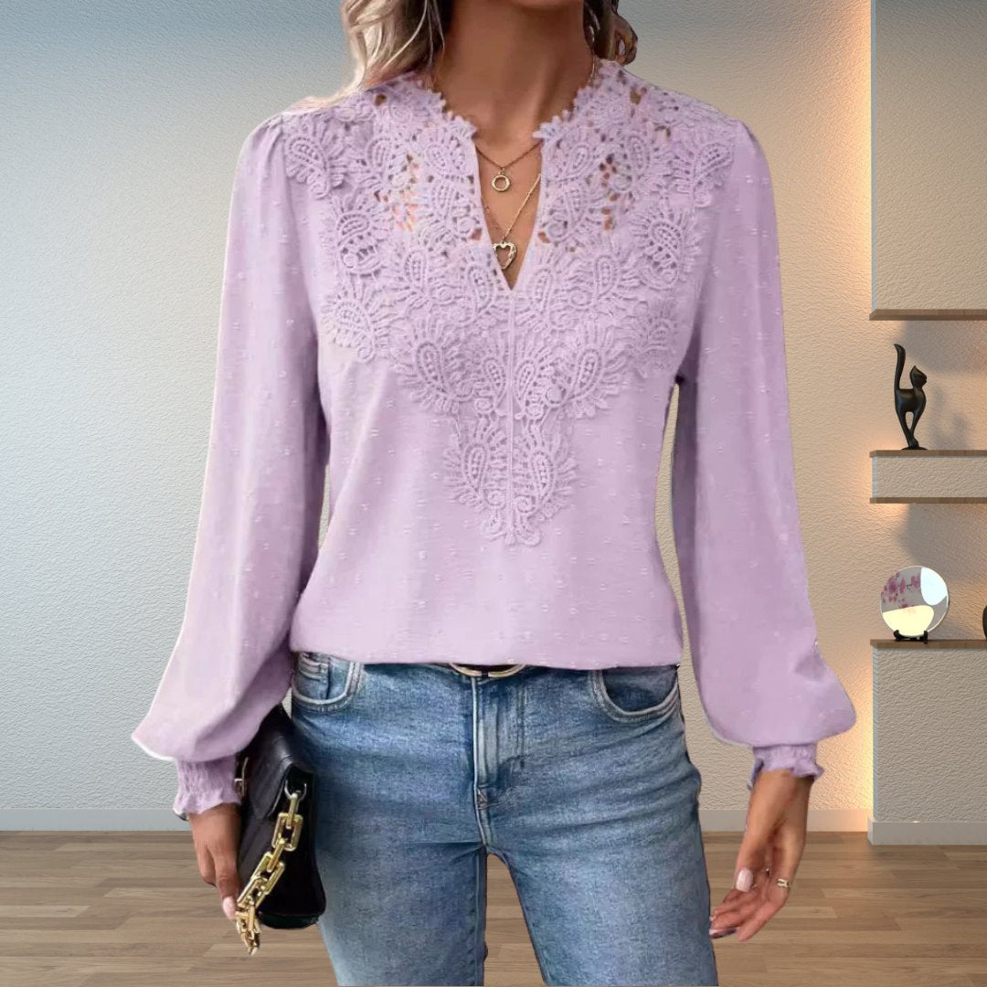 Women's Lace-Bodice V-Neck Smocked-Cuff Long-Sleeve Blouse