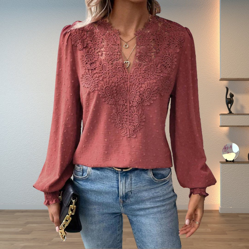 Women's Lace-Bodice V-Neck Smocked-Cuff Long-Sleeve Blouse