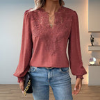 Women's Lace-Bodice V-Neck Smocked-Cuff Long-Sleeve Blouse