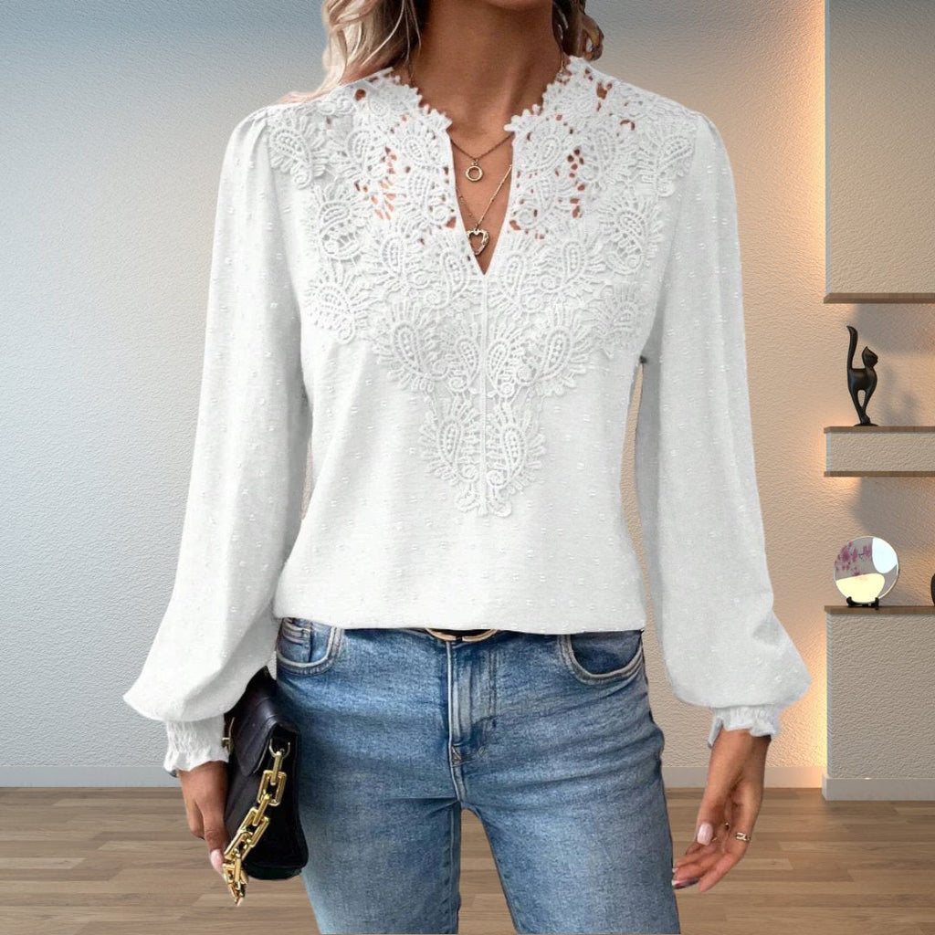 Women's Lace-Bodice V-Neck Smocked-Cuff Long-Sleeve Blouse