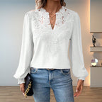 Women's Lace-Bodice V-Neck Smocked-Cuff Long-Sleeve Blouse