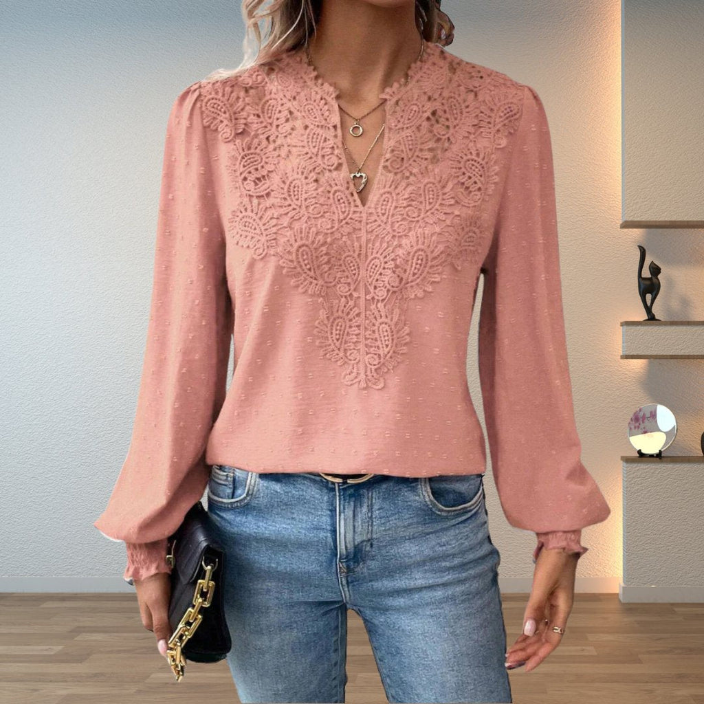 Women's Lace-Bodice V-Neck Smocked-Cuff Long-Sleeve Blouse