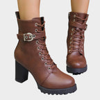 Women's Lace-Up Block-Heel Combat Ankle Boots Buckle Strap