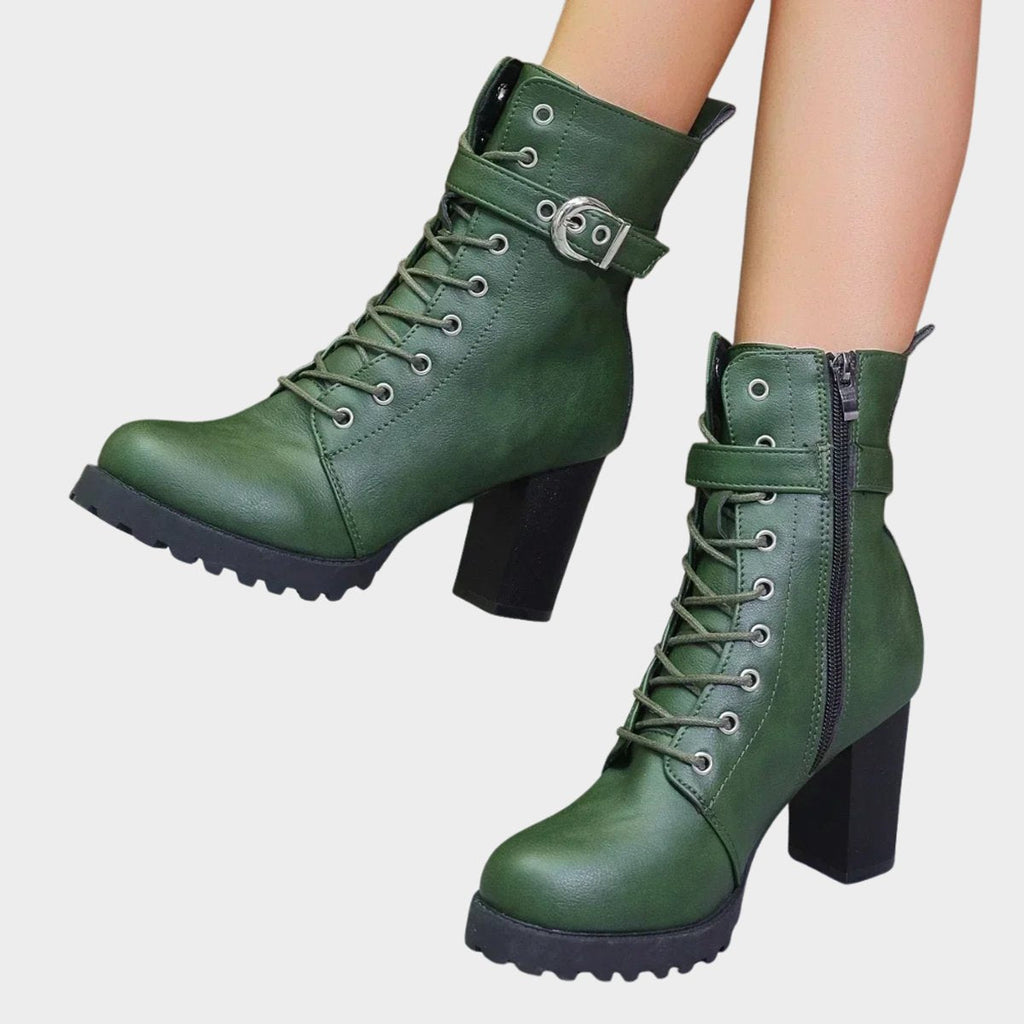 Women's Lace-Up Block-Heel Combat Ankle Boots Buckle Strap