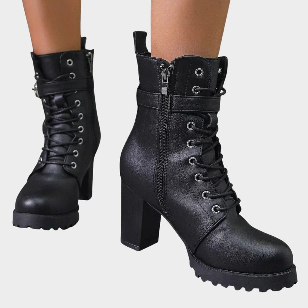 Women's Lace-Up Block-Heel Combat Ankle Boots Buckle Strap
