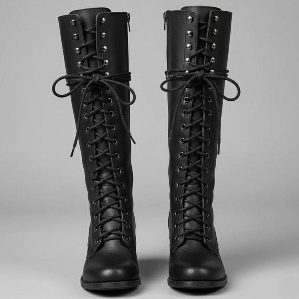 Women's Lace-Up Block Heel Studded Knee-High Boots