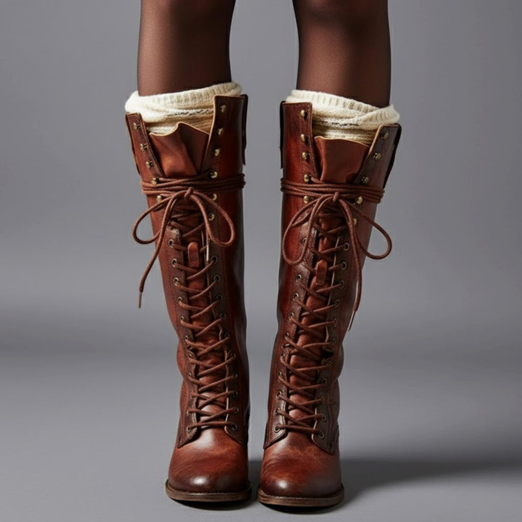 Women's Lace-Up Block Heel Studded Knee-High Boots