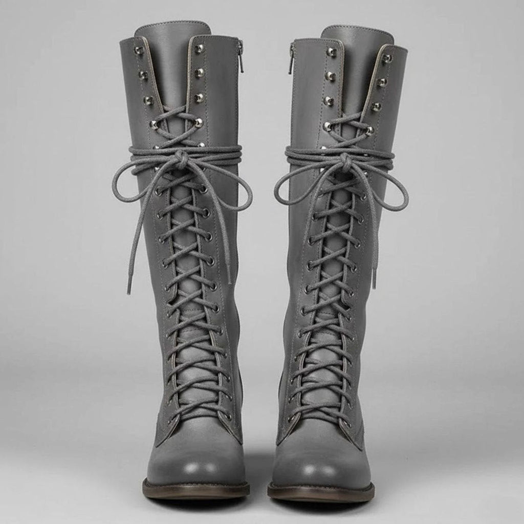 Women's Lace-Up Block Heel Studded Knee-High Boots
