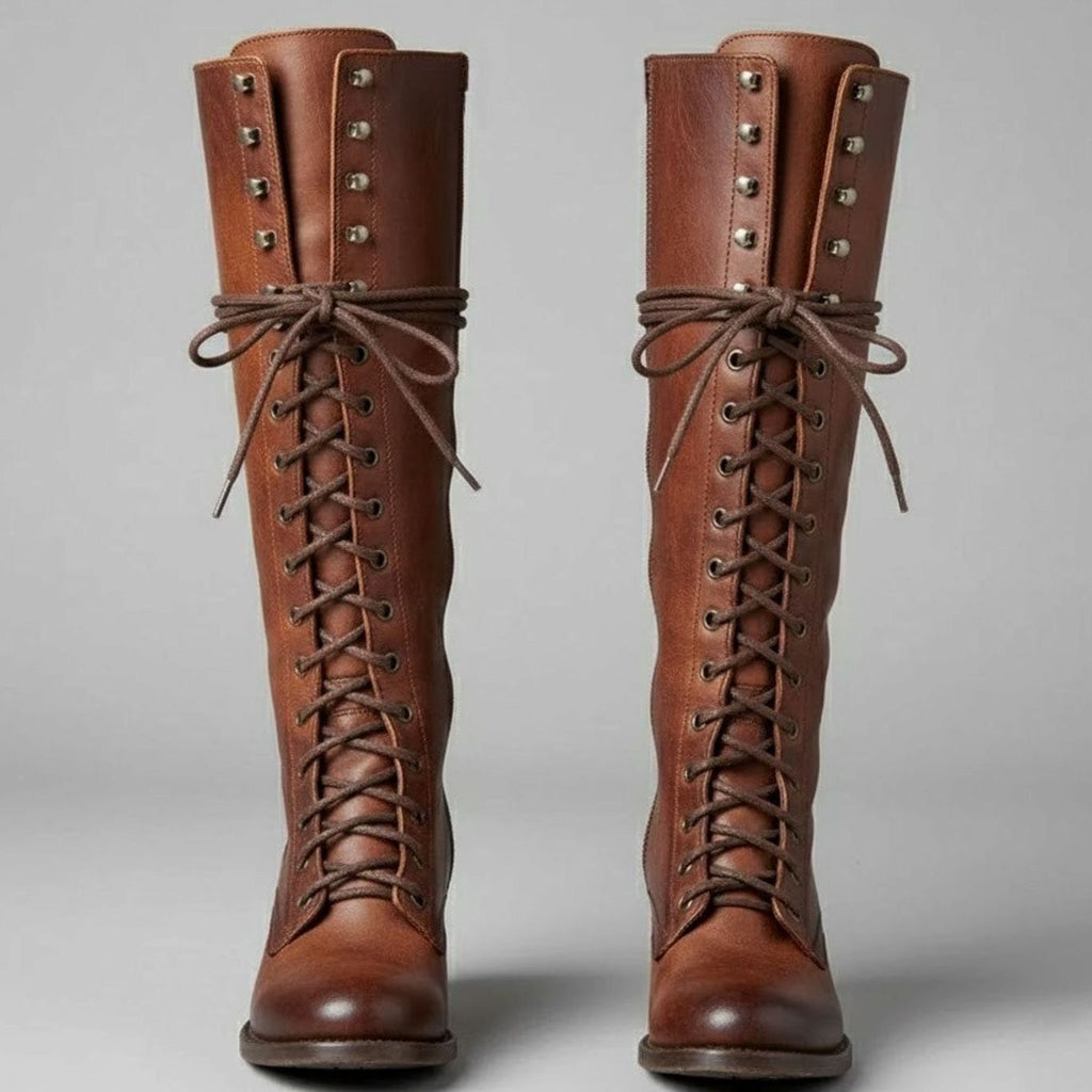 Women's Lace-Up Block Heel Studded Knee-High Boots