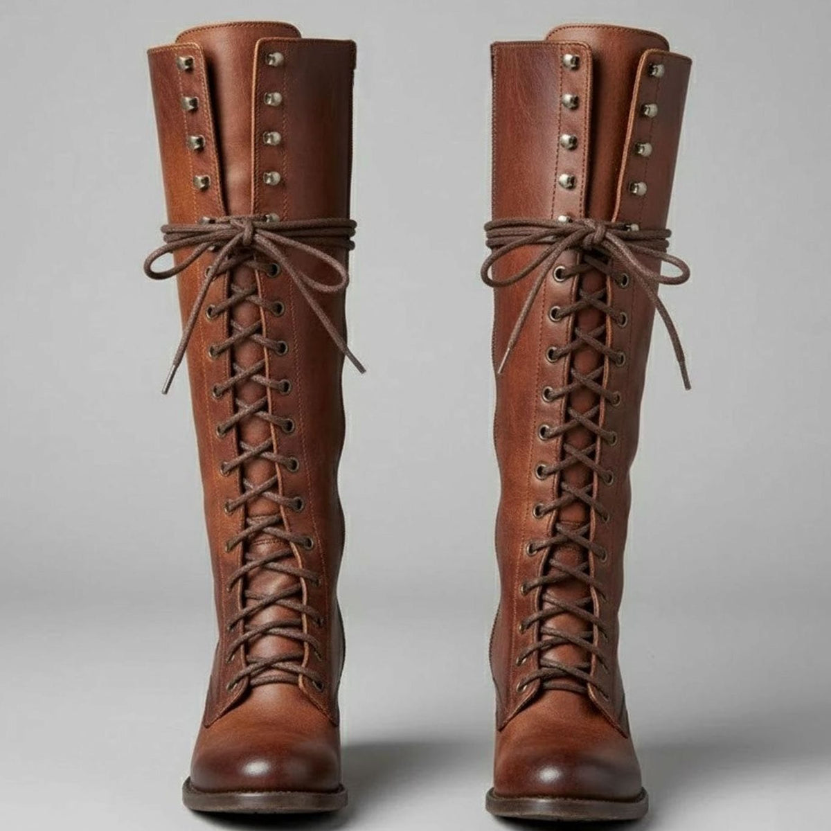 Women's Lace-Up Block Heel Studded Knee-High Boots