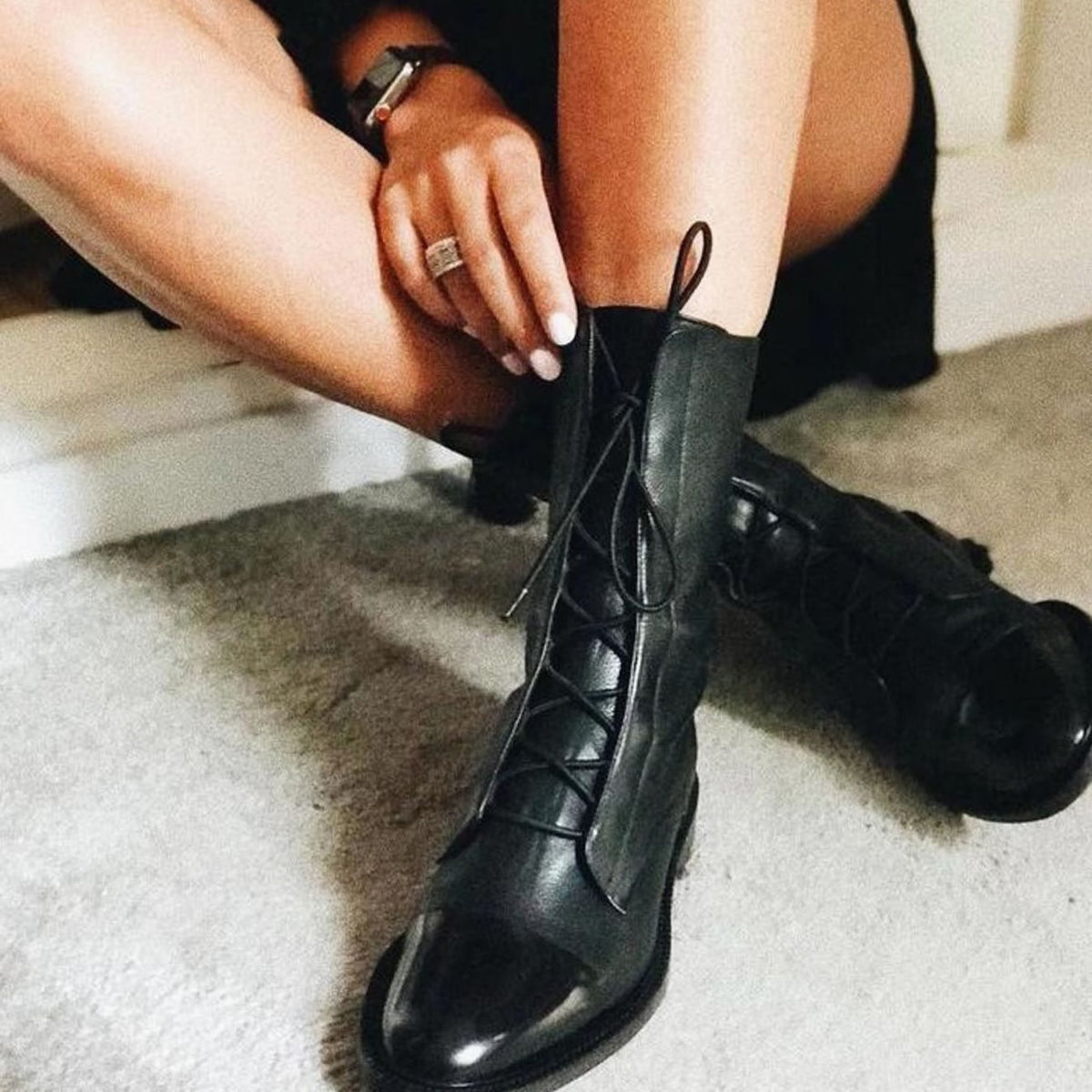 Women's Lace-Up Leather Cap-Toe Ankle Boots