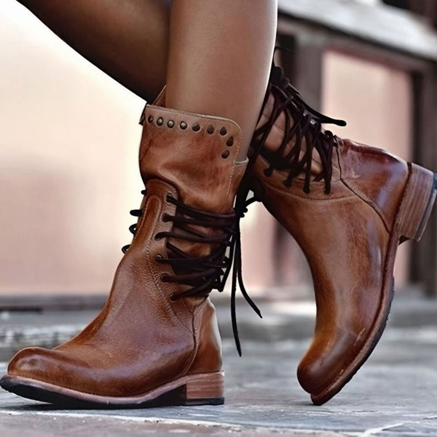 Women's Lace-Up Leather-Look Mid-Calf Ankle Boots