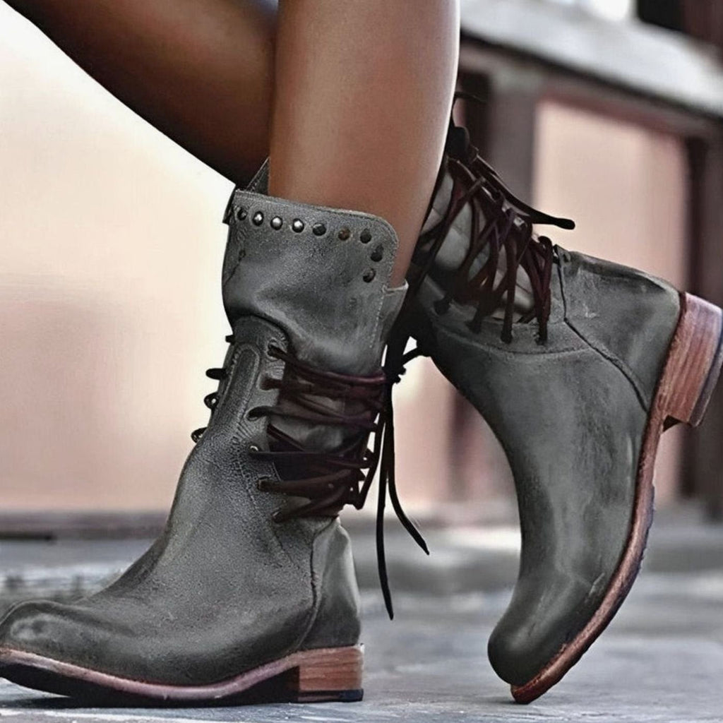 Women's Lace-Up Leather-Look Mid-Calf Ankle Boots