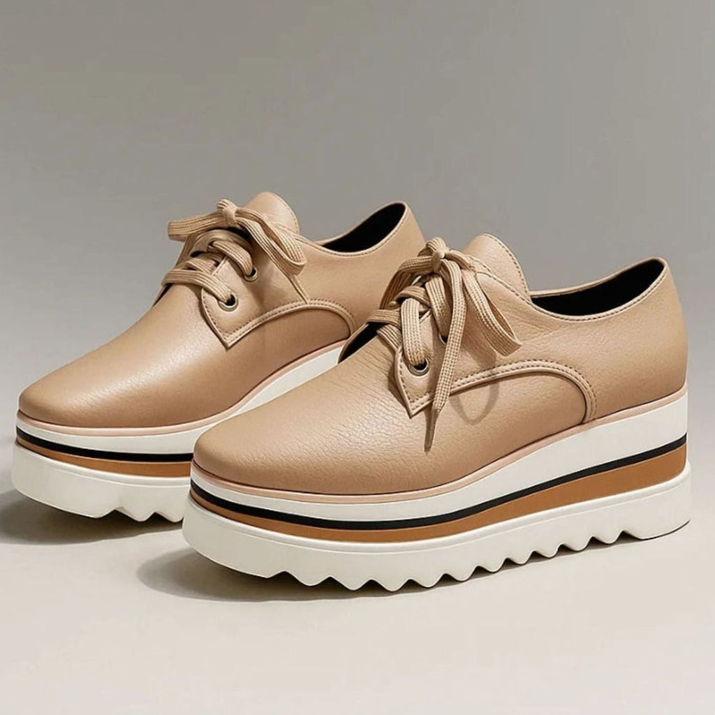 Women's Faux Leather Square-Toe Platform Oxfords - Beige