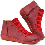 Women's Lace-Up Side-Zip Flat Leather ankle boots