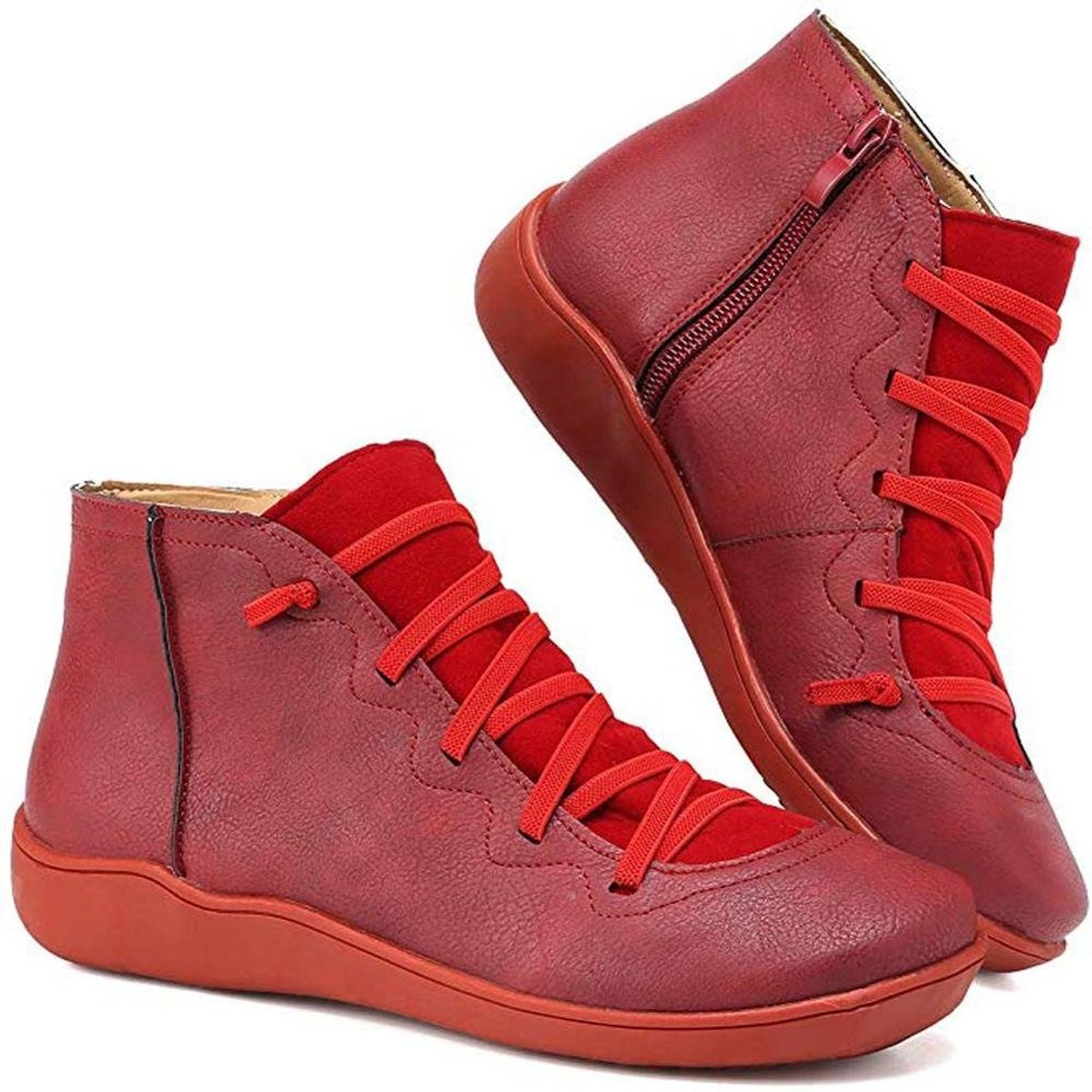 Women's Lace-Up Side-Zip Flat Leather ankle boots