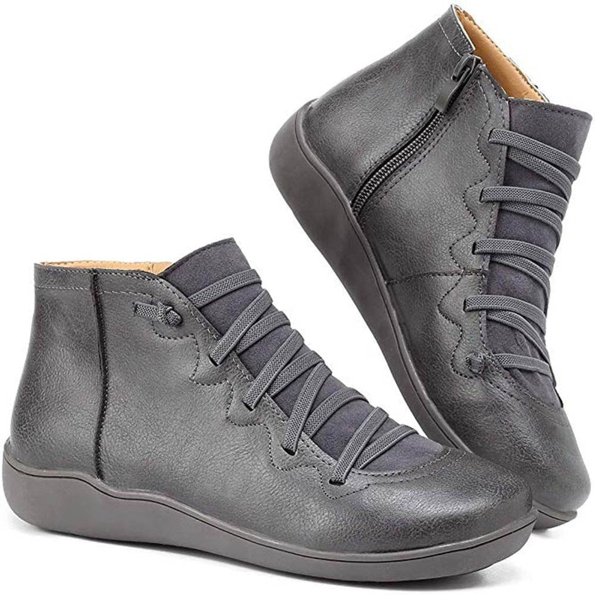 Women's Lace-Up Side-Zip Flat Leather ankle boots