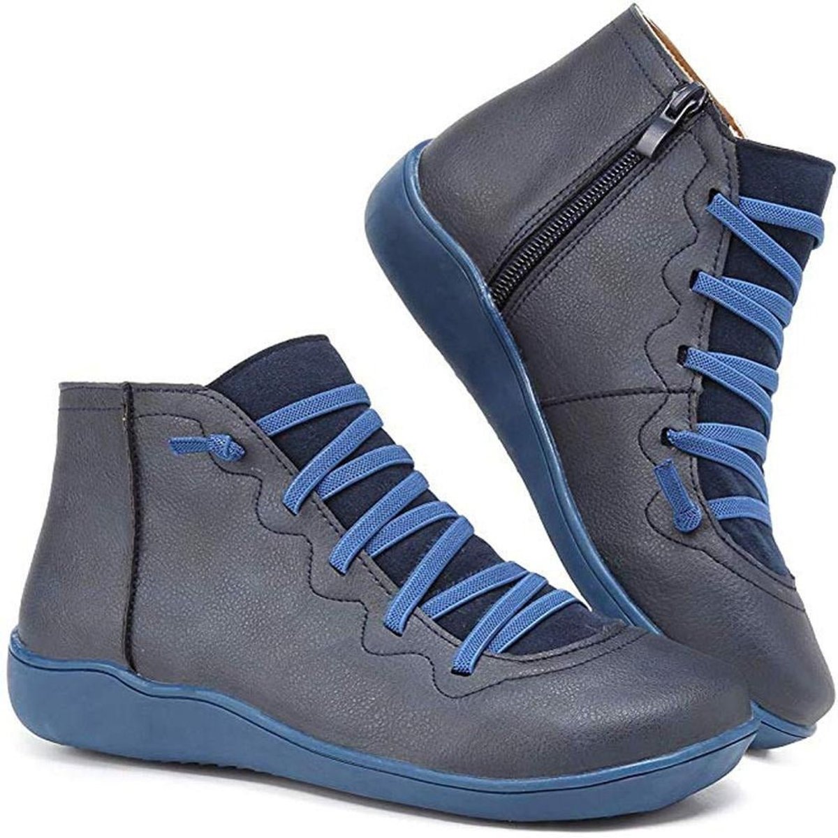 Women's Lace-Up Side-Zip Flat Leather ankle boots