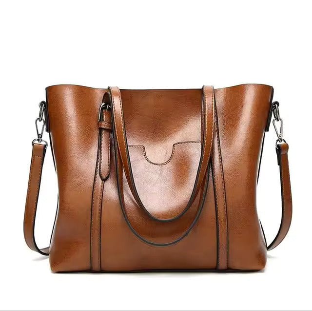 Women's Large Leather-Look Oil-Wax Shoulder Tote Bag