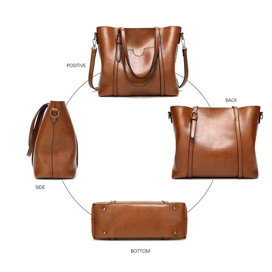 Women's Large Leather-Look Oil-Wax Shoulder Tote Bag