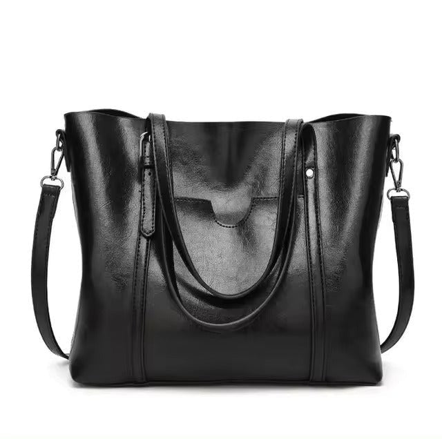 Women's Large Leather-Look Oil-Wax Shoulder Tote Bag