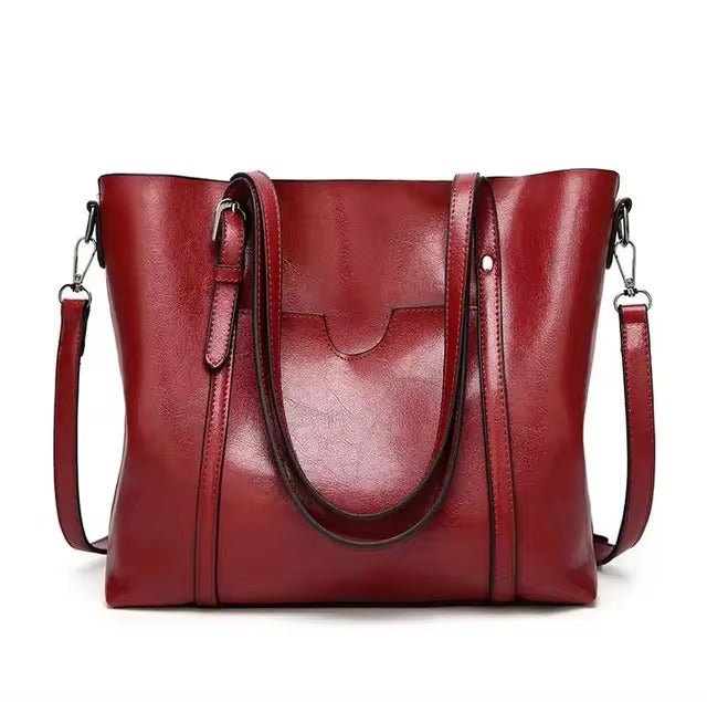 Women's Large Leather-Look Oil-Wax Shoulder Tote Bag