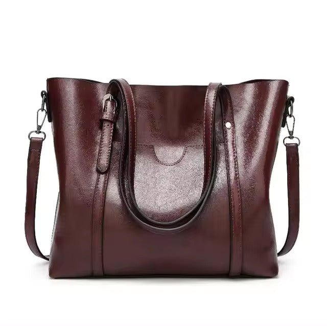 Women's Large Leather-Look Oil-Wax Shoulder Tote Bag