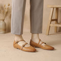 Women's Adjustable Gold-Buckle Mary Jane Shoes in Soft Leather - Brown