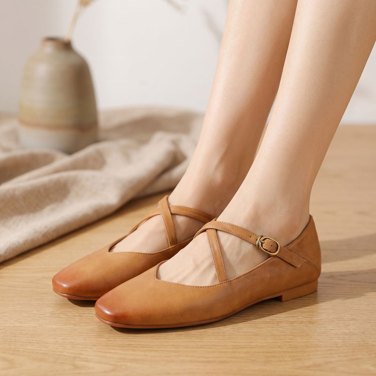 Women's Adjustable Gold-Buckle Mary Jane Shoes in Soft Leather