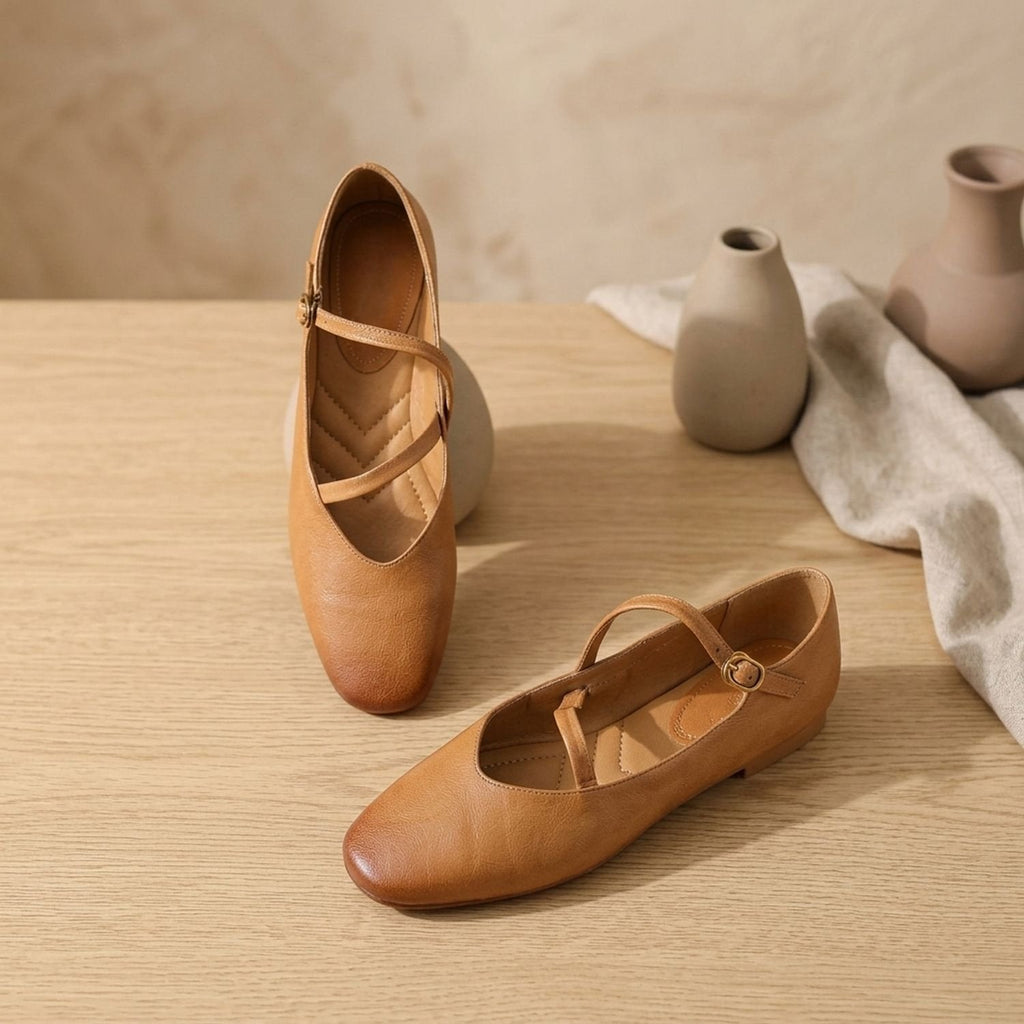 Women's Adjustable Gold-Buckle Mary Jane Shoes in Soft Leather
