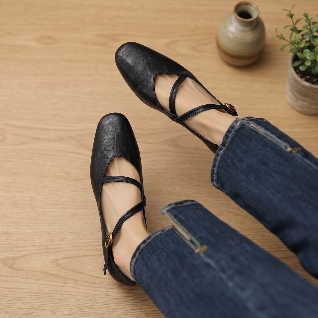 Women's Adjustable Gold-Buckle Mary Jane Shoes in Soft Leather