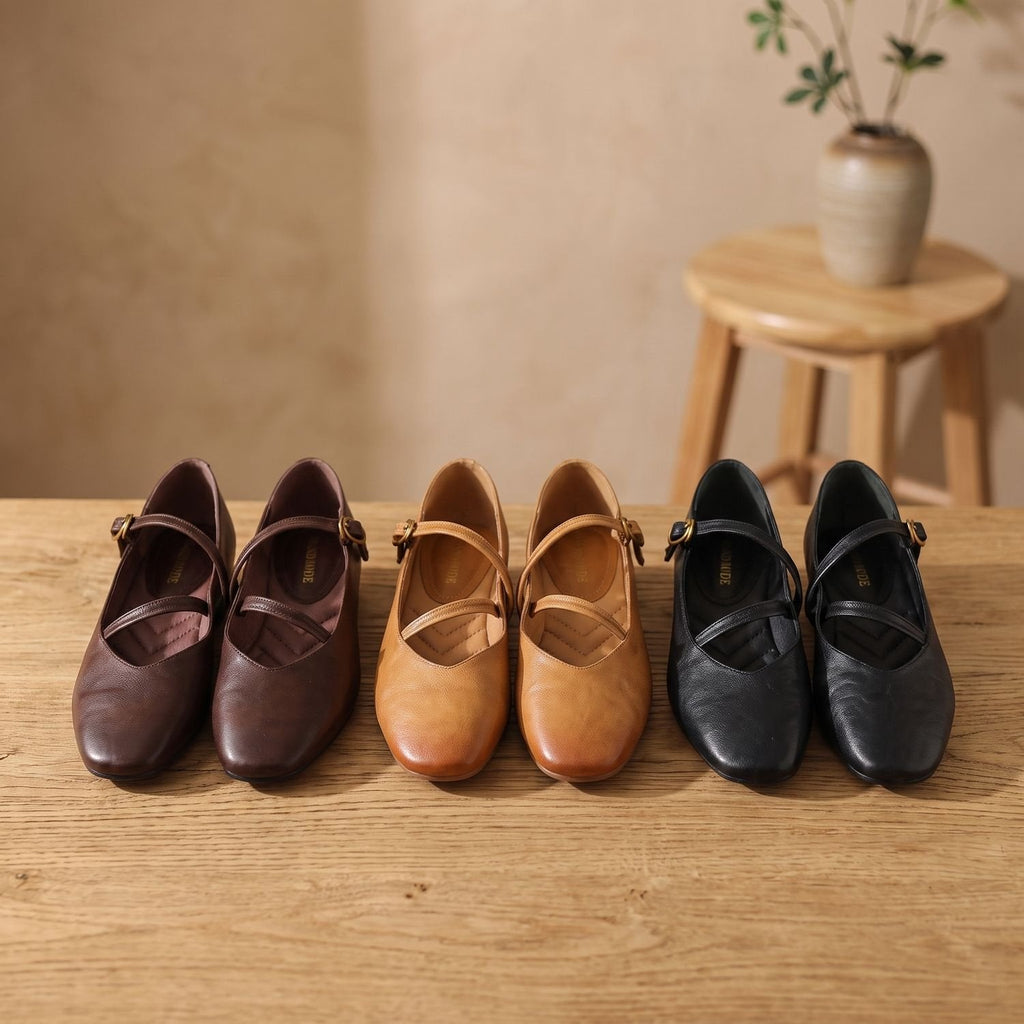 Women's Adjustable Gold-Buckle Mary Jane Shoes in Soft Leather