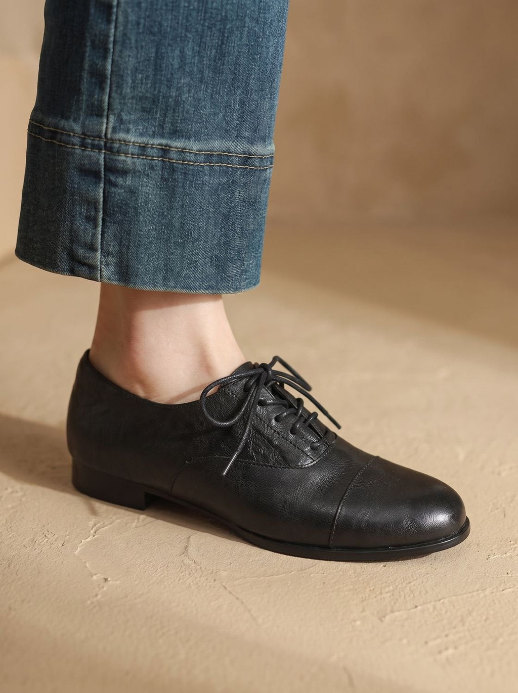 Women's Cushioned Cap Toe Leather Lace-Ups with Rubber Sole