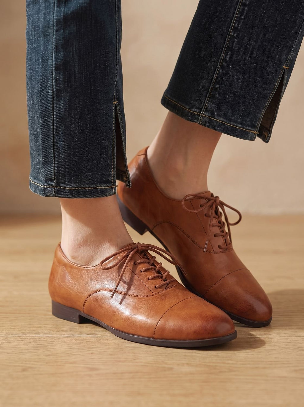 Women's Cushioned Cap Toe Leather Lace-Ups with Rubber Sole