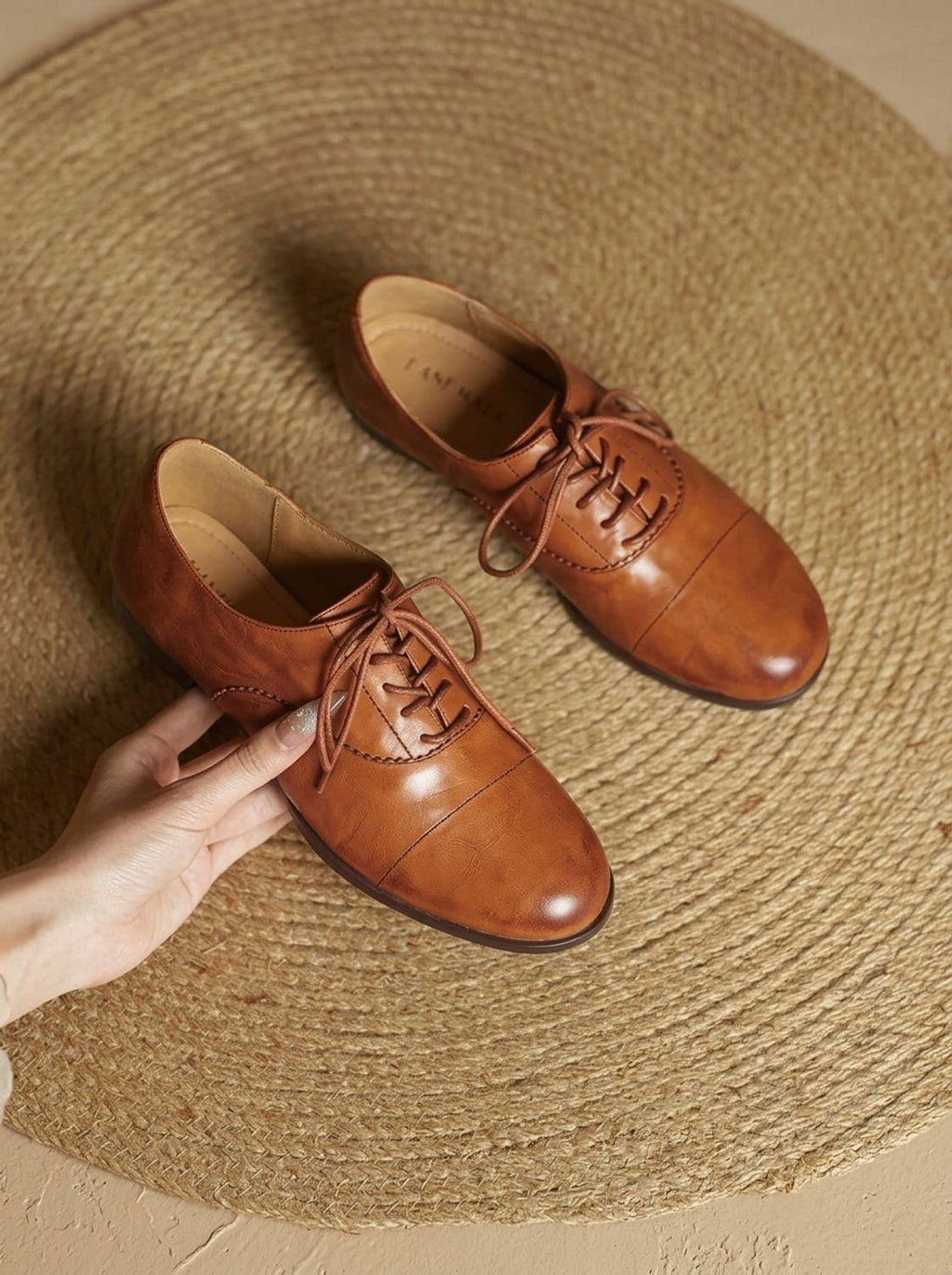 Women's Cushioned Cap Toe Leather Lace-Ups with Rubber Sole